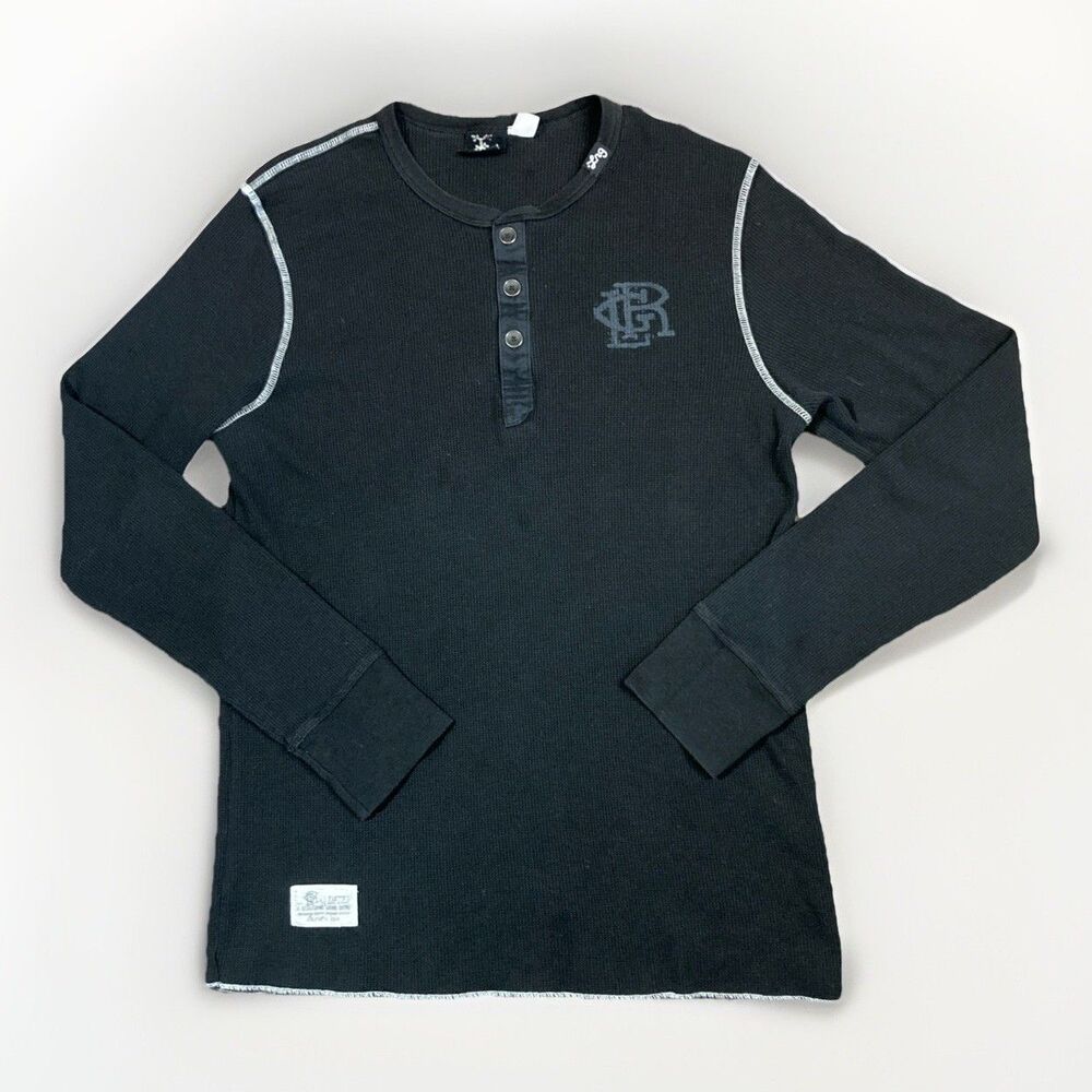 LRG Lifted Research Group Mens XL Waffle Knit Y2K Thermal LS Black Grunge Shirt